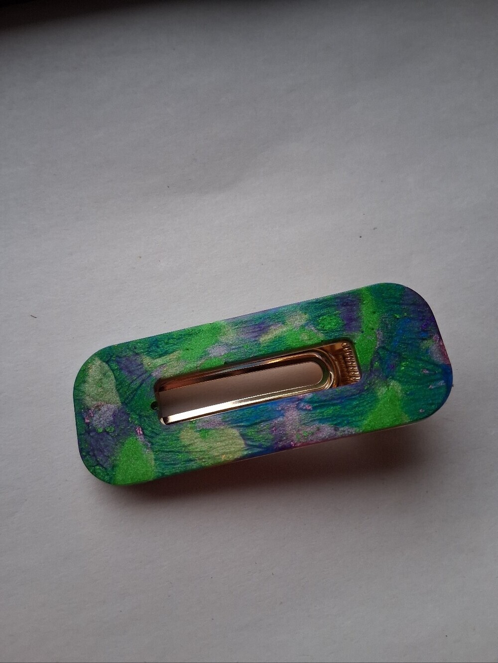 5/$25 Hand Crafted Green and Blue Marble Hair Clip with Gold Accent